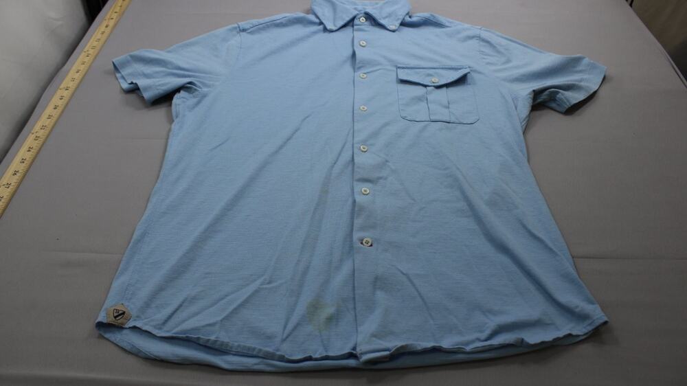 Cremieux Collection Mens Large L Short Sleeve Button Down Knit Shirt Blue Flap